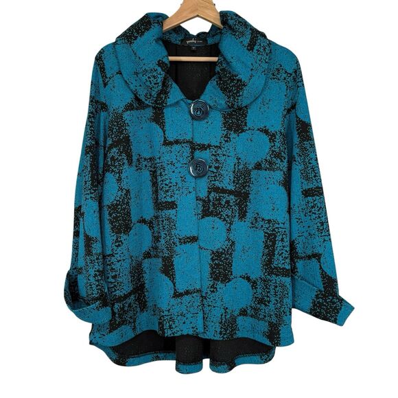 Yushi Women's Textured Jacket Size L Blue Black Big Button Art to Wear Artsy - Picture 1 of 8
